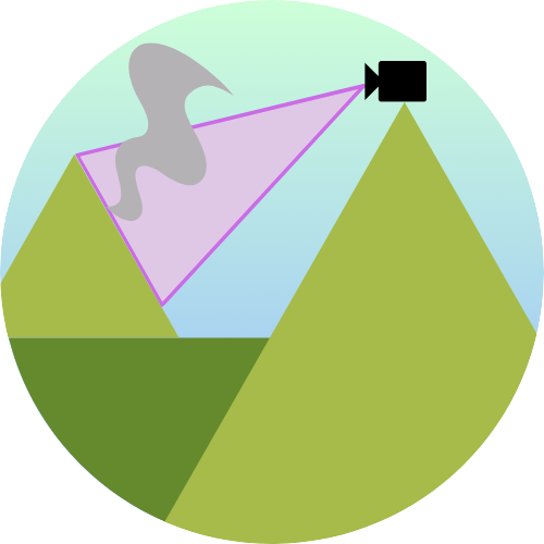 A simple mountain in the foreground with a camera mounted on top, looking at a simple mountain in the background with smoke rising from it.