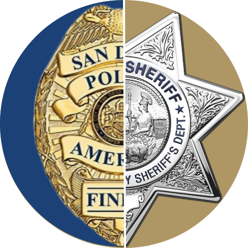 A circle split with half the San Diego Police badge on the left and half the San Diego County Sheriff's badge on the right